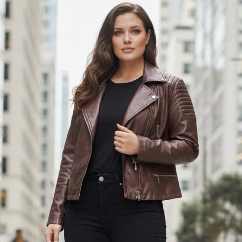 🌻NEW w.tag Olivia Miller Brown Vegan Asymmetrical Zip Moto Biker Jacket Size 2X